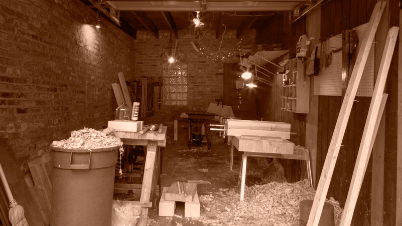 photo of garage with woodworking projects in progress